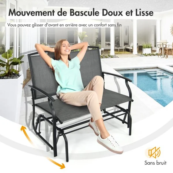 Banc à Bascule de Jardin 2 Places Charge 180kg Chaise/Fauteuil à Bascule d'Extérieur avec Coussinets Antidérapants Gris