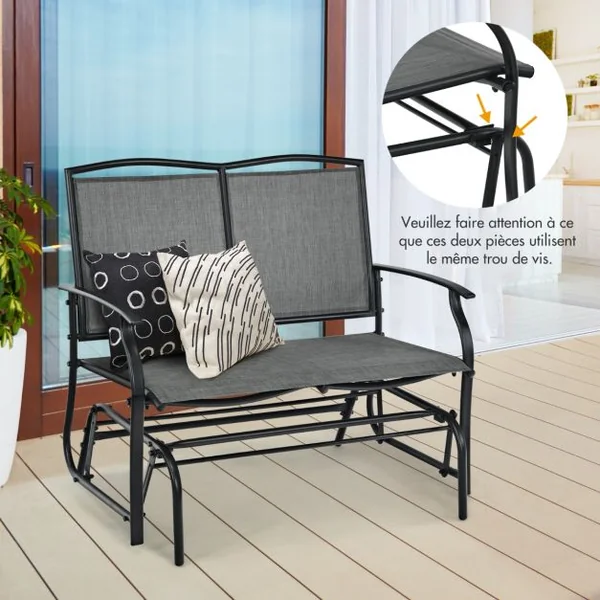 Banc à Bascule de Jardin 2 Places Charge 180kg Chaise/Fauteuil à Bascule d'Extérieur avec Coussinets Antidérapants Gris