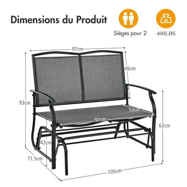 Banc à Bascule de Jardin 2 Places Charge 180kg Chaise/Fauteuil à Bascule d'Extérieur avec Coussinets Antidérapants Gris