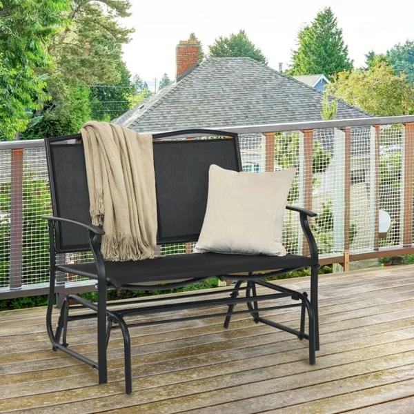 Banc à Bascule de Jardin 2 Places Charge 180kg Chaise/Fauteuil à Bascule d'Extérieur avec Coussinets Antidérapants Noir