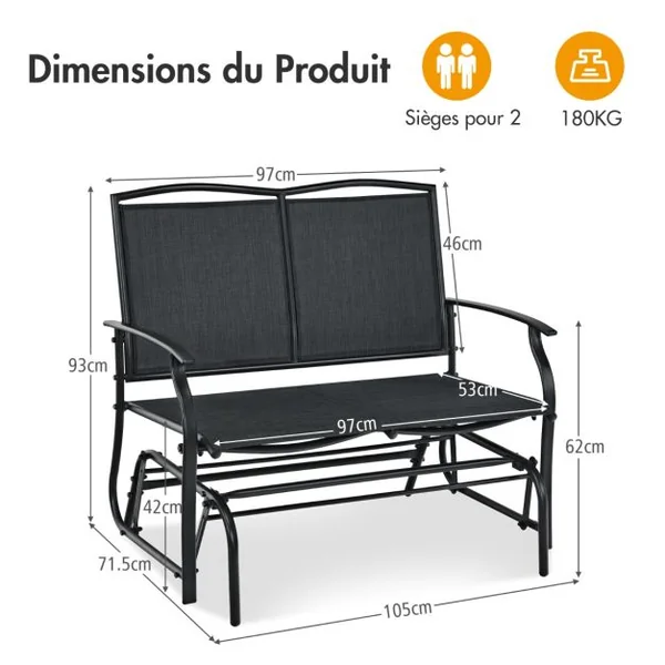 Banc à Bascule de Jardin 2 Places Charge 180kg Chaise/Fauteuil à Bascule d'Extérieur avec Coussinets Antidérapants Noir