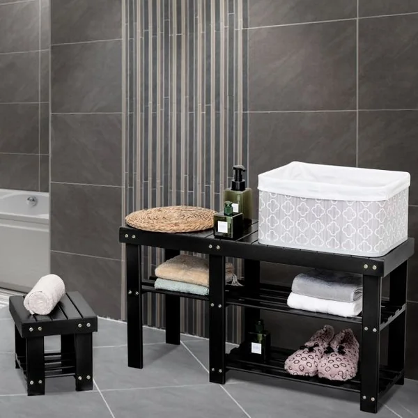 Banc à Chaussures 2 en 1 avec Tabouret Encastrable pour L’entrée 2 Étagères en Bambou Naturel 85x28x455cm Noir