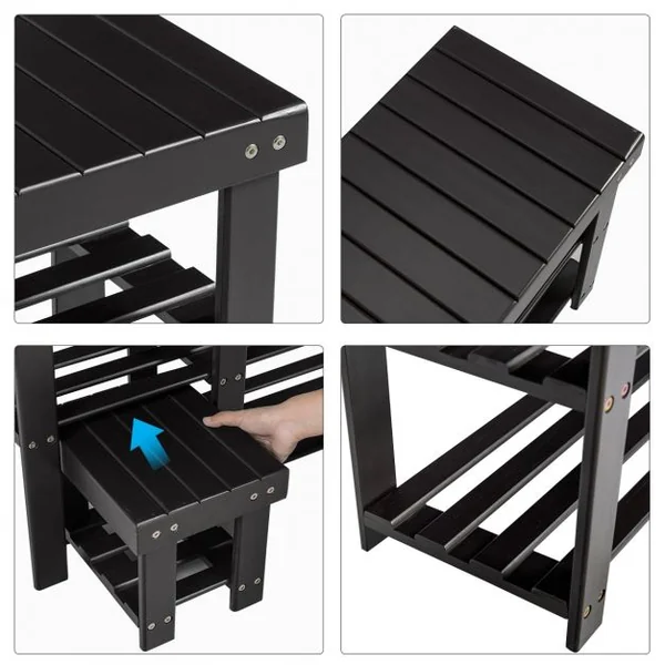 Banc à Chaussures 2 en 1 avec Tabouret Encastrable pour L’entrée 2 Étagères en Bambou Naturel 85x28x455cm Noir