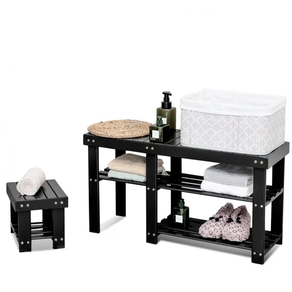 Banc à Chaussures 2 en 1 avec Tabouret Encastrable pour L’entrée 2 Étagères en Bambou Naturel 85x28x455cm Noir