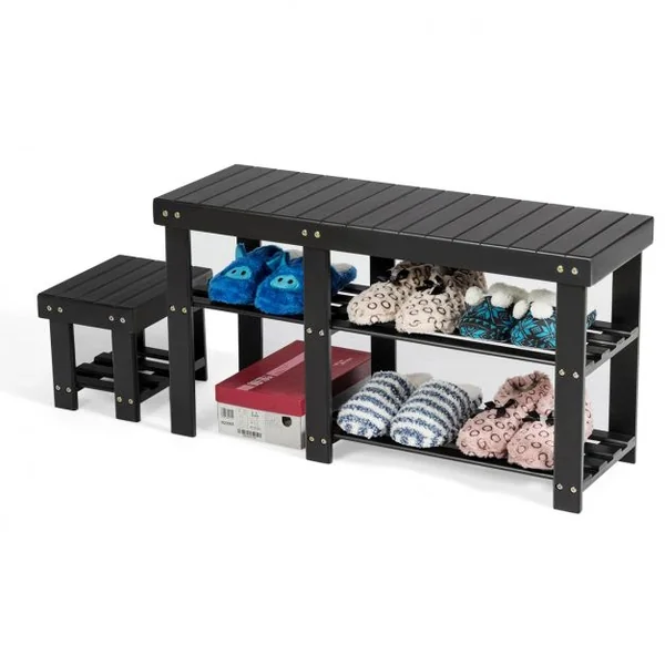 Banc à Chaussures 2 en 1 avec Tabouret Encastrable pour L’entrée 2 Étagères en Bambou Naturel 85x28x455cm Noir