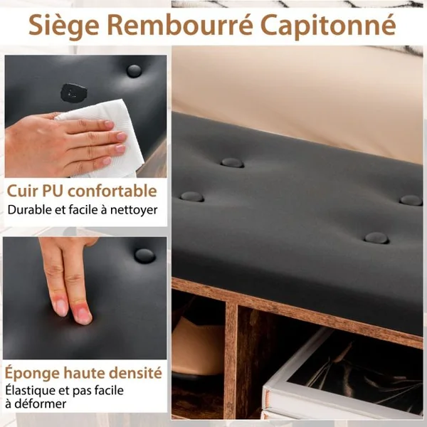 Banc à Chaussures avec Porte-Parapluie - 10 Compartiments, Coussin Rembourré Souple Style Industriel Charge 300 kg