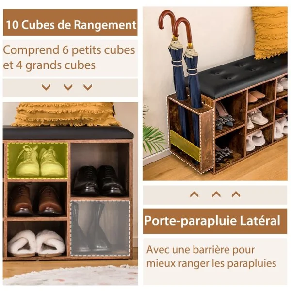 Banc à Chaussures avec Porte-Parapluie - 10 Compartiments, Coussin Rembourré Souple Style Industriel Charge 300 kg