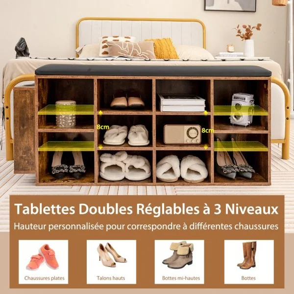 Banc à Chaussures avec Porte-Parapluie - 10 Compartiments, Coussin Rembourré Souple Style Industriel Charge 300 kg