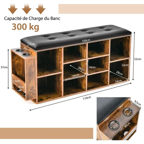 Banc à Chaussures avec Porte-Parapluie - 10 Compartiments, Coussin Rembourré Souple Style Industriel Charge 300 kg