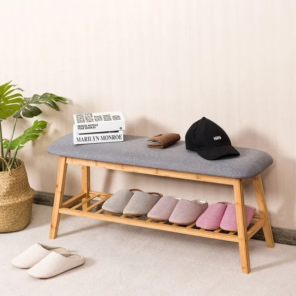 Banc à Chaussures Confortable pour Entrée Salon Capacité 150 kg en Bambou et Polyester 100x31x45cm Gris + Naturel