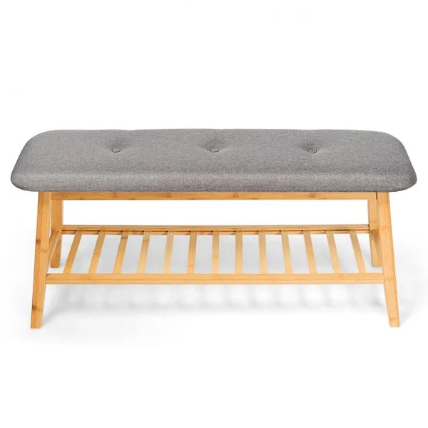 Banc à Chaussures Confortable pour Entrée Salon Capacité 150 kg en Bambou et Polyester 100x31x45cm Gris + Naturel