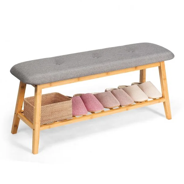 Banc à Chaussures Confortable pour Entrée Salon Capacité 150 kg en Bambou et Polyester 100x31x45cm Gris + Naturel