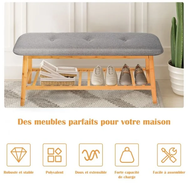 Banc à Chaussures Confortable pour Entrée Salon Capacité 150 kg en Bambou et Polyester 100x31x45cm Gris + Naturel