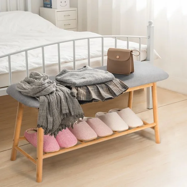 Banc à Chaussures Confortable pour Entrée Salon Capacité 150 kg en Bambou et Polyester 90x30x45cm Gris + Naturel