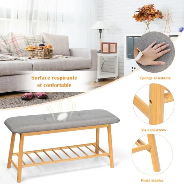 Banc à Chaussures Confortable pour Entrée Salon Capacité 150 kg en Bambou et Polyester 90x30x45cm Gris + Naturel