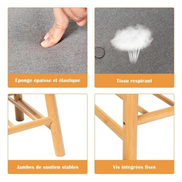 Banc à Chaussures Confortable pour Entrée Salon Capacité 150 kg en Bambou et Polyester 90x30x45cm Gris + Naturel