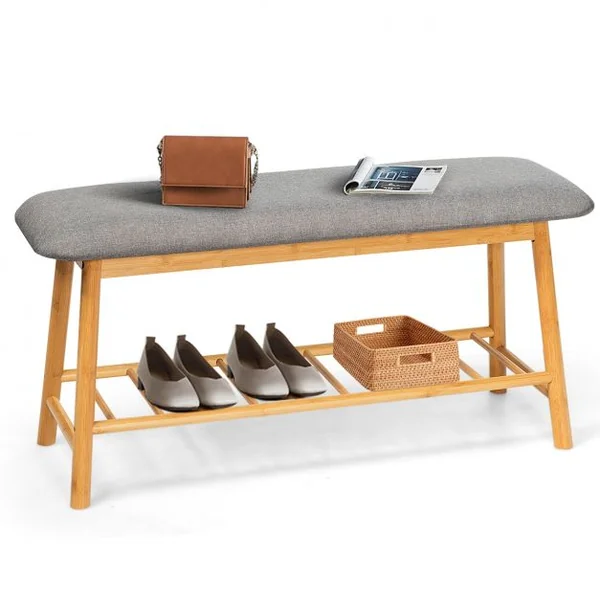Banc à Chaussures Confortable pour Entrée Salon Capacité 150 kg en Bambou et Polyester 90x30x45cm Gris + Naturel