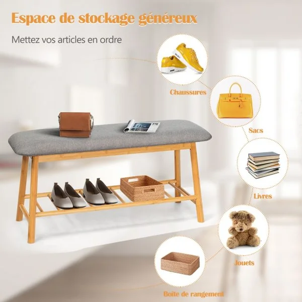 Banc à Chaussures Confortable pour Entrée Salon Capacité 150 kg en Bambou et Polyester 90x30x45cm Gris + Naturel