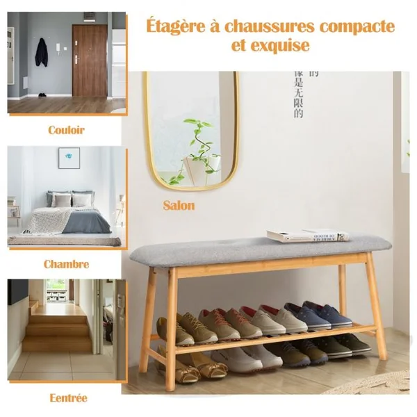 Banc à Chaussures Confortable pour Entrée Salon Capacité 150 kg en Bambou et Polyester 90x30x45cm Gris + Naturel