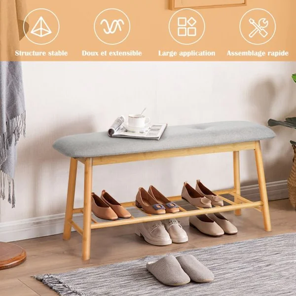 Banc à Chaussures Confortable pour Entrée Salon Capacité 150 kg en Bambou et Polyester 90x30x45cm Gris + Naturel