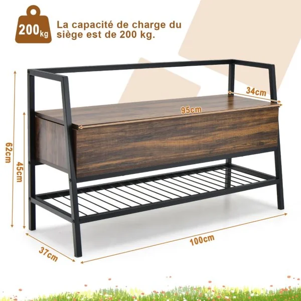 Banc à Chaussures Industriel Organisateur de Rack avec Vérin à Gaz de Qualité Supérieure et Boîte de Rangement Cachée