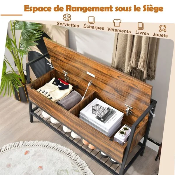 Banc à Chaussures Industriel Organisateur de Rack avec Vérin à Gaz de Qualité Supérieure et Boîte de Rangement Cachée
