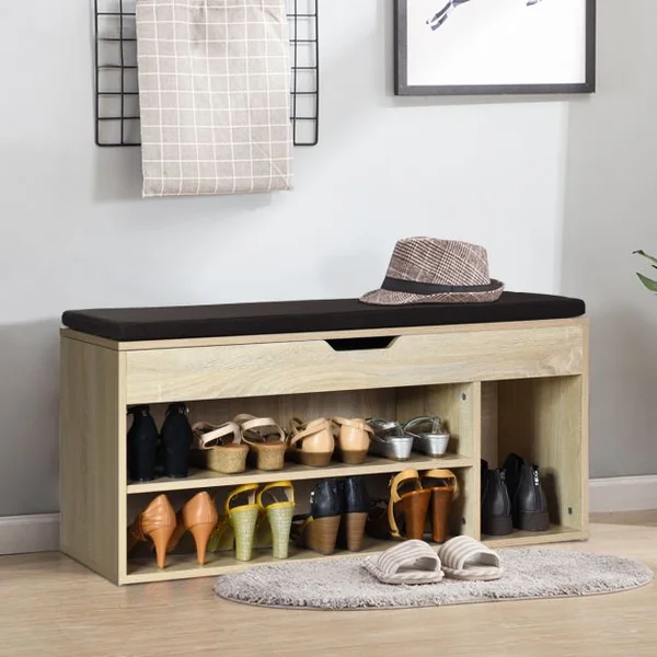 Banc à Chaussures pour 7 Paires 3 Étagères 1 Coffre de Rangement Coussin Amovible, en MDF, 104x30x48cm, Naturel/Blanc/Gris