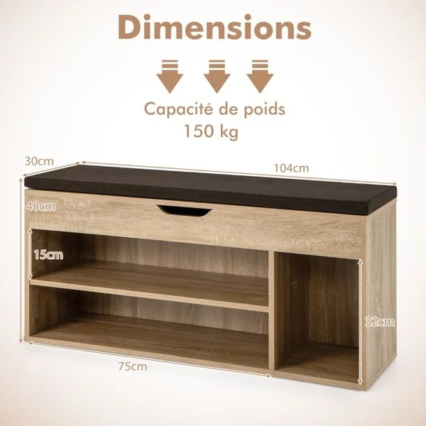 Banc à Chaussures pour 7 Paires 3 Étagères 1 Coffre de Rangement Coussin Amovible, en MDF, 104x30x48cm, Naturel/Blanc/Gris