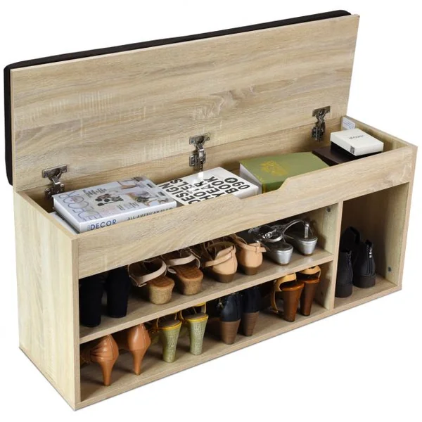 Banc à Chaussures pour 7 Paires 3 Étagères 1 Coffre de Rangement Coussin Amovible, en MDF, 104x30x48cm, Naturel/Blanc/Gris