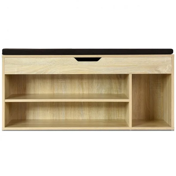 Banc à Chaussures pour 7 Paires 3 Étagères 1 Coffre de Rangement Coussin Amovible, en MDF, 104x30x48cm, Naturel/Blanc/Gris