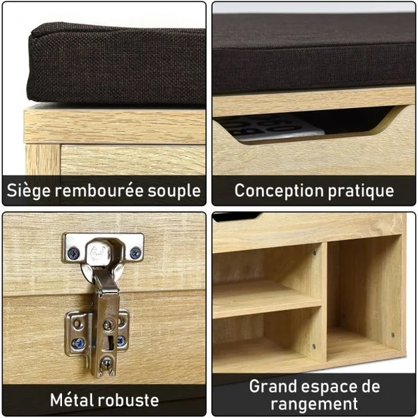 Banc à Chaussures pour 7 Paires 3 Étagères 1 Coffre de Rangement Coussin Amovible, en MDF, 104x30x48cm, Naturel/Blanc/Gris