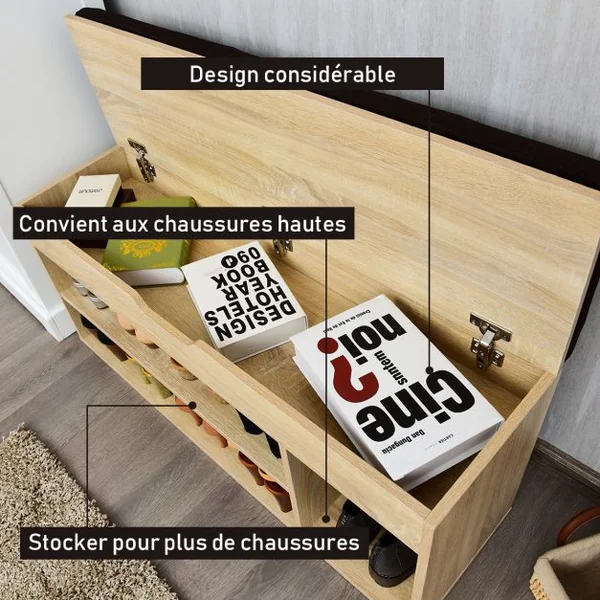 Banc à Chaussures pour 7 Paires 3 Étagères 1 Coffre de Rangement Coussin Amovible, en MDF, 104x30x48cm, Naturel/Blanc/Gris