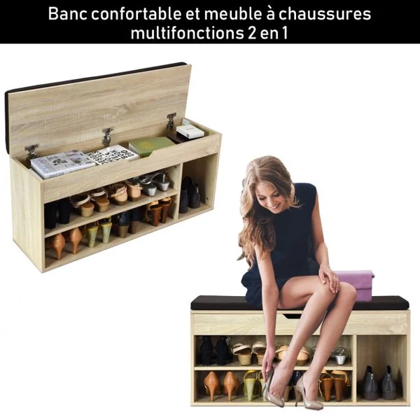 Banc à Chaussures pour 7 Paires 3 Étagères 1 Coffre de Rangement Coussin Amovible, en MDF, 104x30x48cm, Naturel/Blanc/Gris