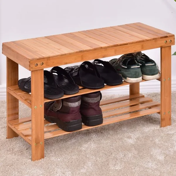 Banc à Chaussures à 3 Niveaux Style Moderne Elégant Etagère à Chaussures Capacité 100kg en Bambou 70x28x45cm Naturel