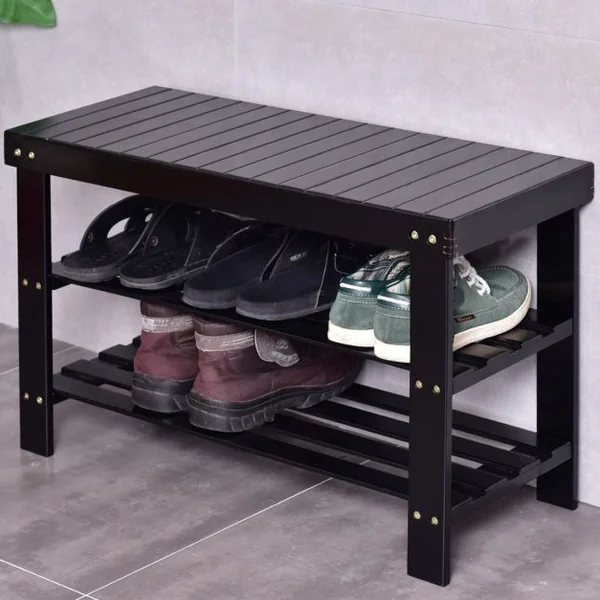 Banc à Chaussures à 3 Niveaux Style Moderne Elégant Etagère à Chaussures Capacité 100kg en Bambou 70x28x45cm Noir