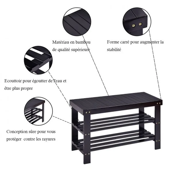 Banc à Chaussures à 3 Niveaux Style Moderne Elégant Etagère à Chaussures Capacité 100kg en Bambou 70x28x45cm Noir