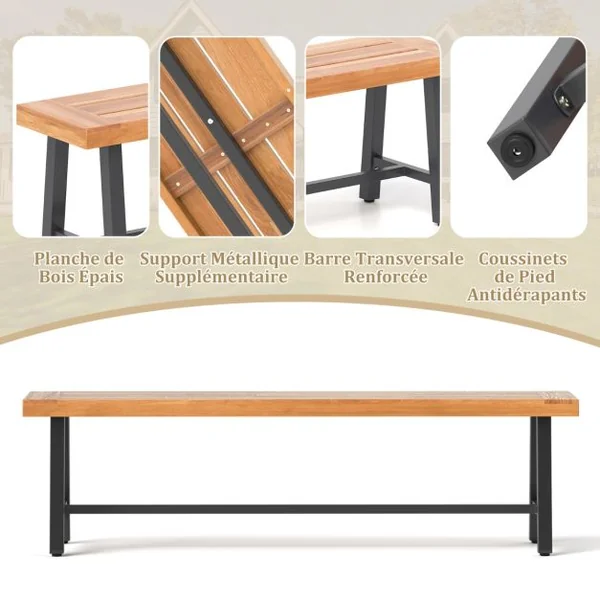Banc/Lot de 2 Banc d'Extérieur En Bois d’Acacia de 160cm Banc de Terrasse pour 3 Personnes avec Capacité 360kg Banc Sans Dossier