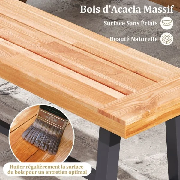 Banc/Lot de 2 Banc d'Extérieur En Bois d’Acacia de 160cm Banc de Terrasse pour 3 Personnes avec Capacité 360kg Banc Sans Dossier
