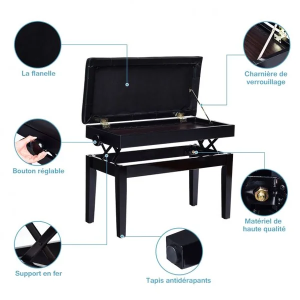 Banc/Tabouret de Piano 2 Places avec Coffre de Rangement Hauteur Réglable en Bois Massif et Fer 75x35x45-54cm Noir