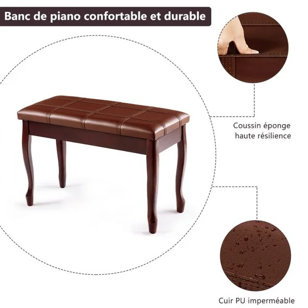 Banquette pour Piano avec Coussin en Cuir Rembourré Confortable et Compartiment de Rangement Marron