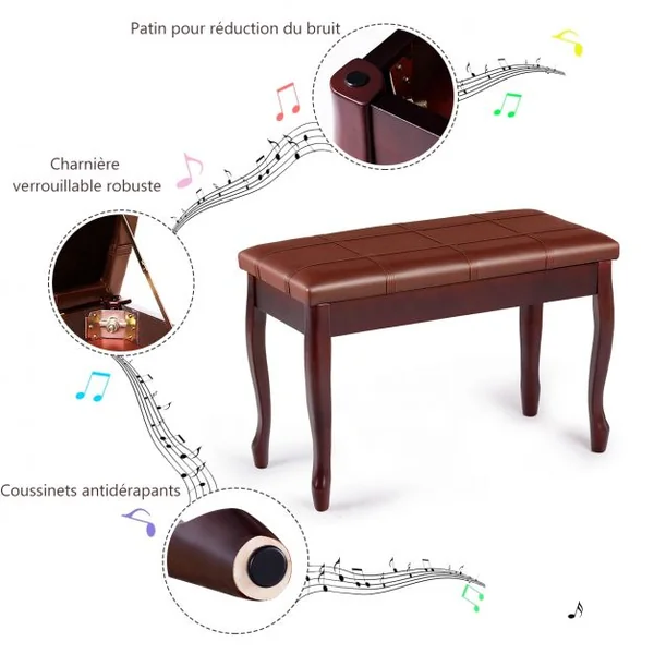 Banquette pour Piano avec Coussin en Cuir Rembourré Confortable et Compartiment de Rangement Marron
