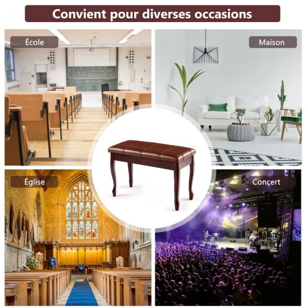 Banquette pour Piano avec Coussin en Cuir Rembourré Confortable et Compartiment de Rangement Marron