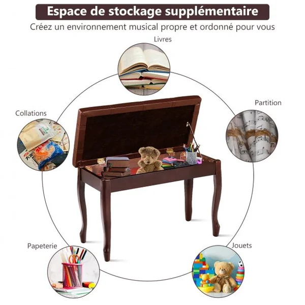 Banquette pour Piano avec Coussin en Cuir Rembourré Confortable et Compartiment de Rangement Marron