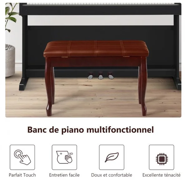 Banquette pour Piano avec Coussin en Cuir Rembourré Confortable et Compartiment de Rangement Marron