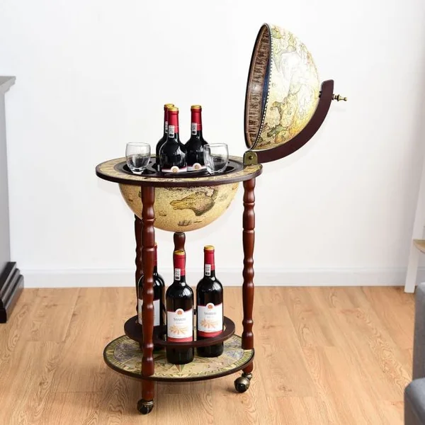 Bar globe terrestre Mappemonde en bois d'eucalyptus Style classique du 16e siècle, à roulettes 44,3x44,3x88cm