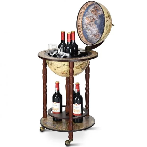 Bar globe terrestre Mappemonde en bois d'eucalyptus Style classique du 16e siècle, à roulettes 44,3x44,3x88cm