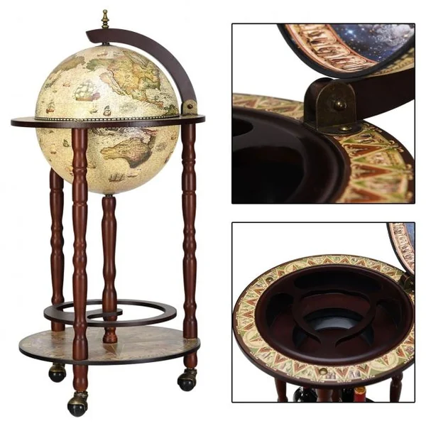 Bar globe terrestre Mappemonde en bois d'eucalyptus Style classique du 16e siècle, à roulettes 44,3x44,3x88cm