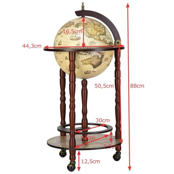 Bar globe terrestre Mappemonde en bois d'eucalyptus Style classique du 16e siècle, à roulettes 44,3x44,3x88cm