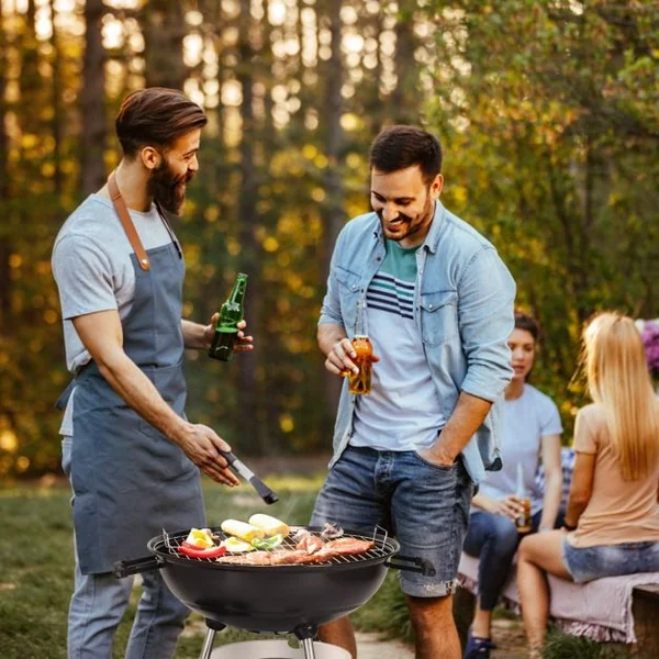 Barbecue Charbon de Bois Rond Mobile Grill avec Couvercle et Roulettes en Émail Fer Acier, 57 x 57 x 98 cm, Noir