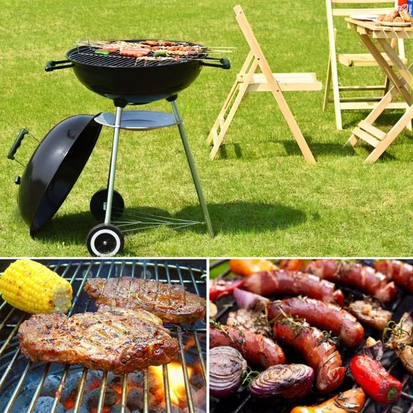 Barbecue Charbon de Bois Rond Mobile Grill avec Couvercle et Roulettes en Émail Fer Acier, 57 x 57 x 98 cm, Noir